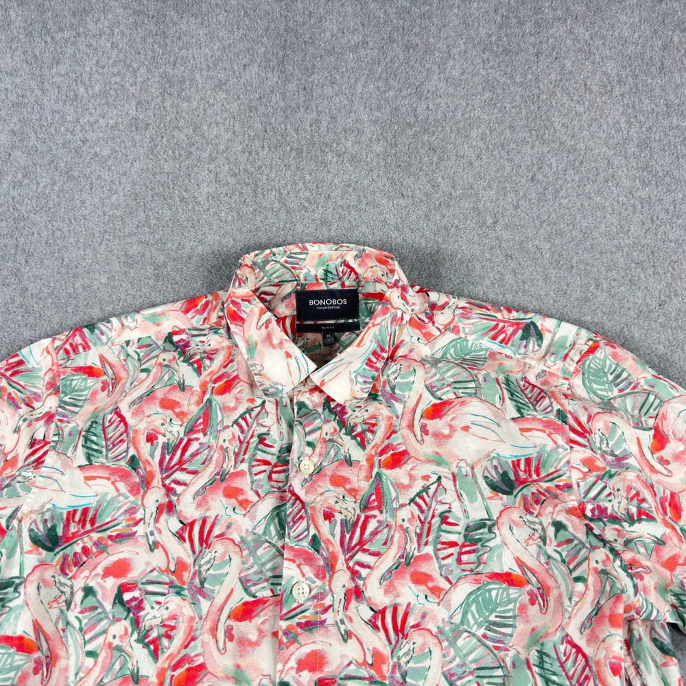Bonobos Italian Shirting Mens Medium Slim Fit Pink Flamingos Cotton Short Sleeve